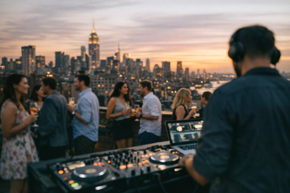 Rooftop party at sunset with a DJ and a city skyline